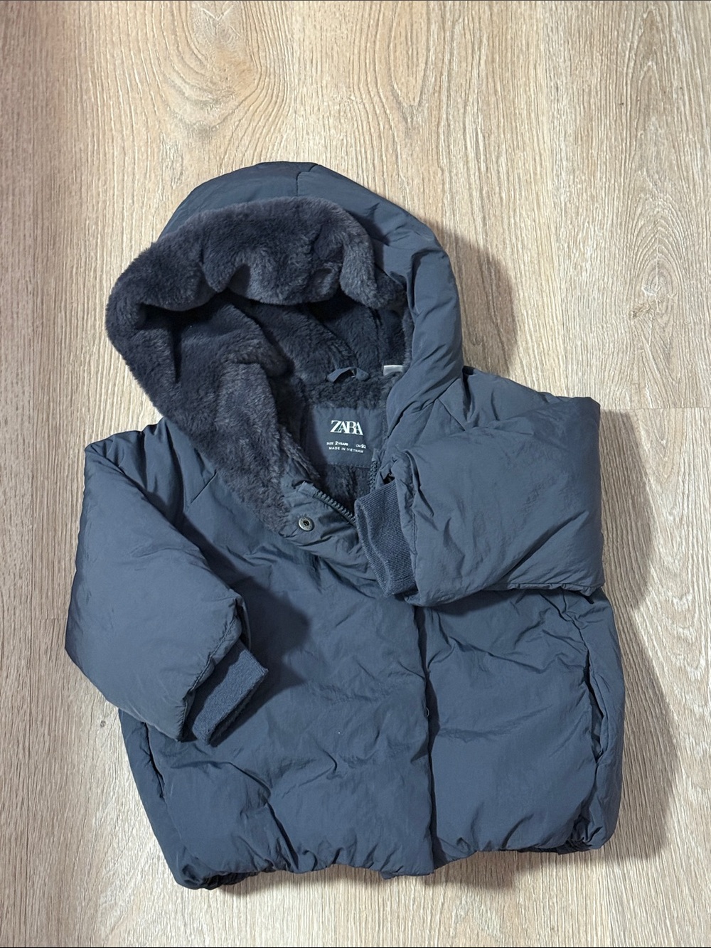 ZARA Men's Charcoal Puffer Jacket with Faux Fur Hood